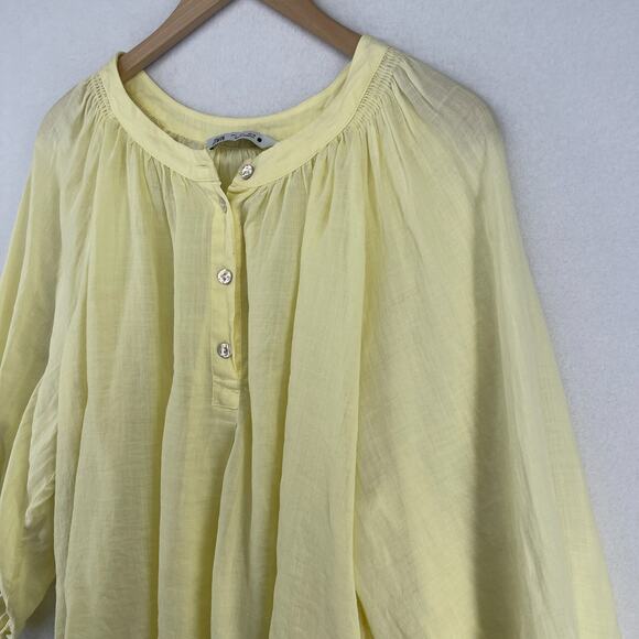 ZARA Top Womens L Popover Smocked Blouse Balloon Sleeve Ramie Cotton Yellow - Picture 6 of 12